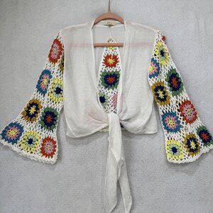Elan Cardigan Womens Small Crochet Granny Square Boho Tie Front Bell Sleeve